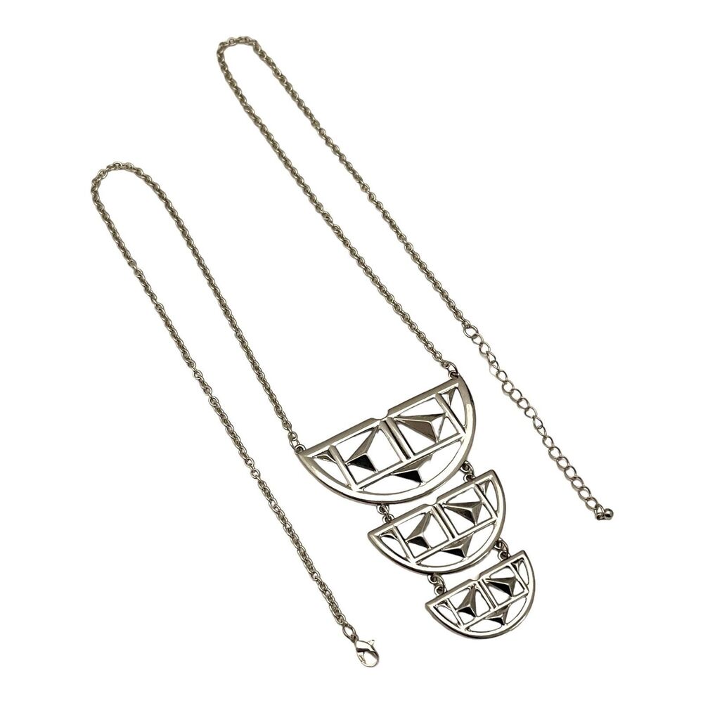 New Silver Tone Statement Necklace Long Layering Geometric Design - 5L